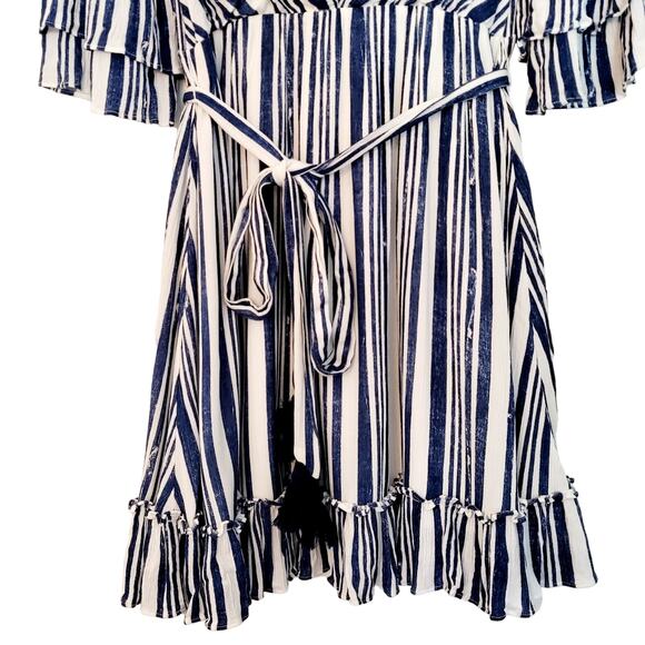 Lulus Cast Away Striped Blue and White Tassel Belted Skater Dress Women's Size M - Picture 5 of 12